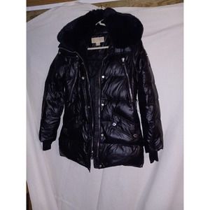 MICHAEL KORS Women's X Small, Faux-Fur-Trim Hooded Puffer Jacket Black